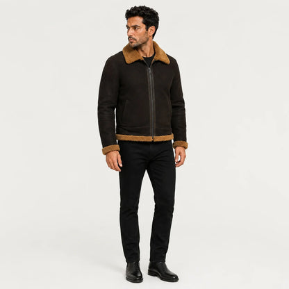 Three-quarter studio view of dark brown flight jacket with tan collar, front zipper and angled hand pockets