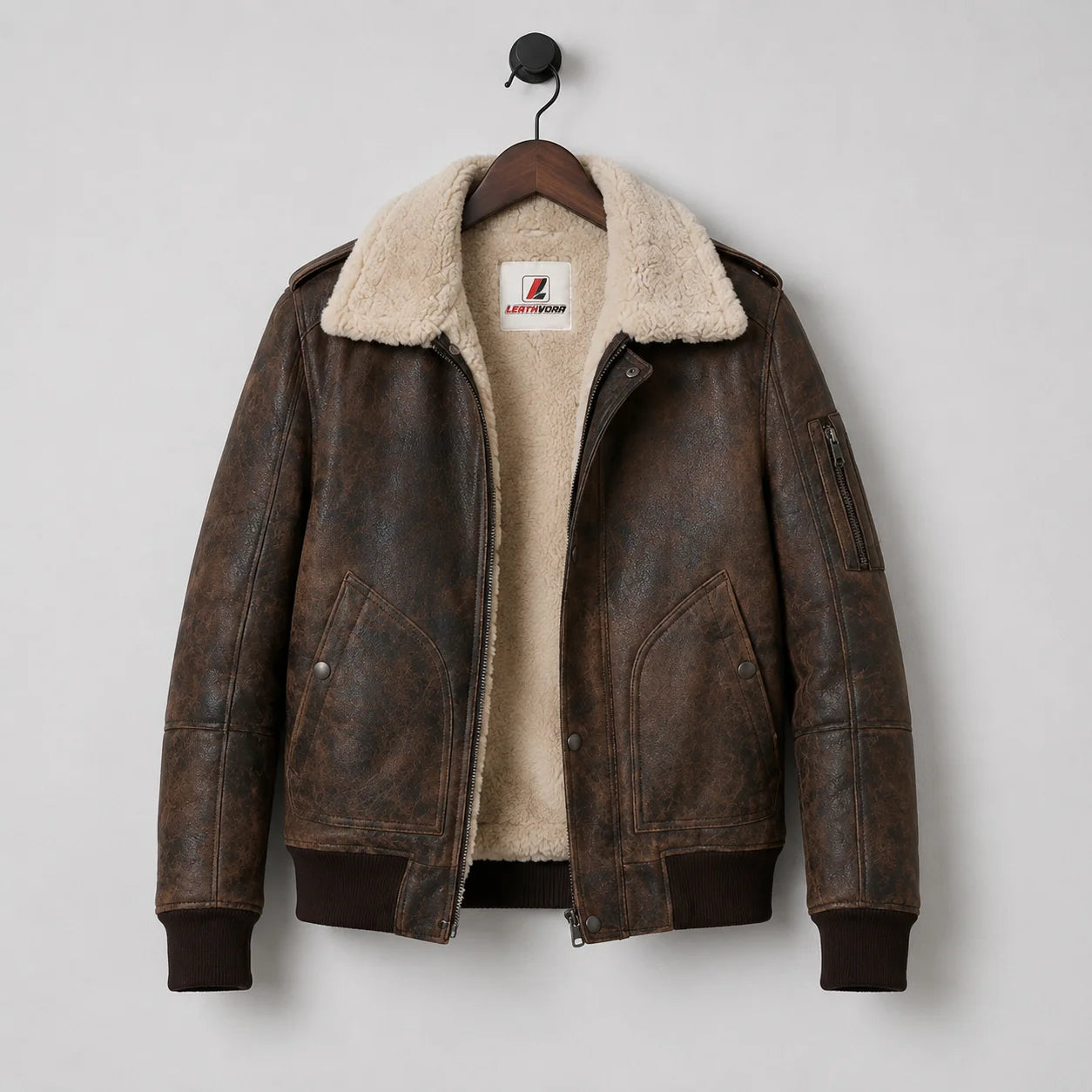 Hanging front view of distressed brown sheepskin aviator jacket with cream interior, pockets and Leathvora label