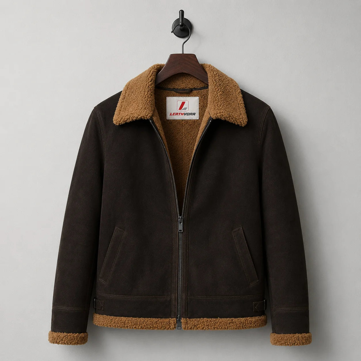 Hanging front view of brown aviator jacket showing tan plush lining, collar, zip closure and two welt-style pockets
