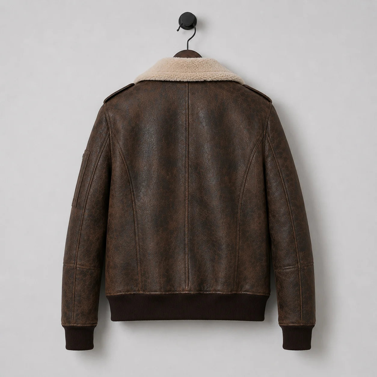 Hanging rear view of dark brown RAF jacket showing centre back seam, shoulder epaulettes and ribbed waist