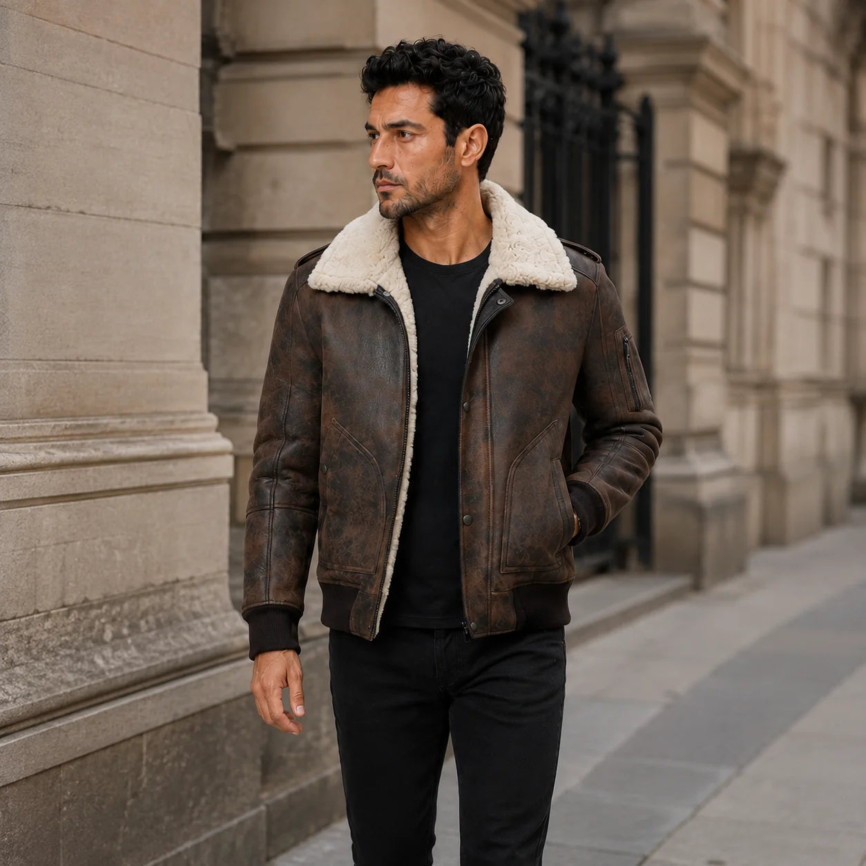 Men’s distressed brown shearling aviator jacket styled outdoors with black jeans beside stone architecture