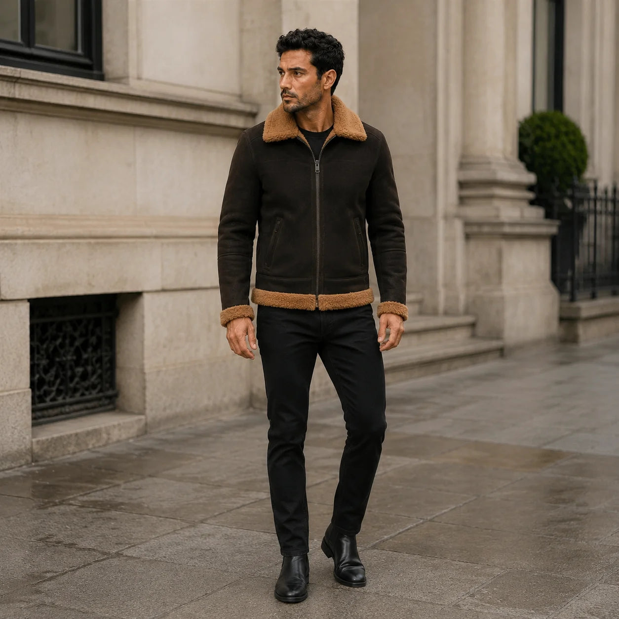 Outdoor lifestyle view of men’s brown shearling aviator jacket styled with black jeans and Chelsea boots