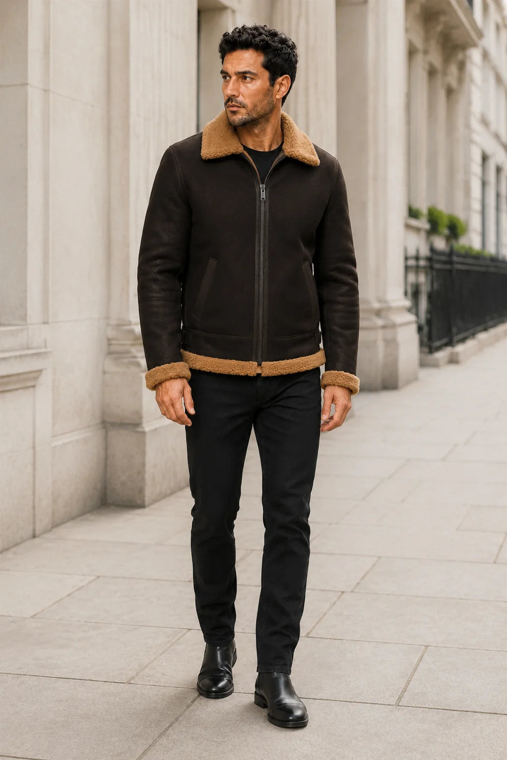 Street-style front view highlighting dark brown flight jacket, tan shearling collar, cuffs and clean zip front