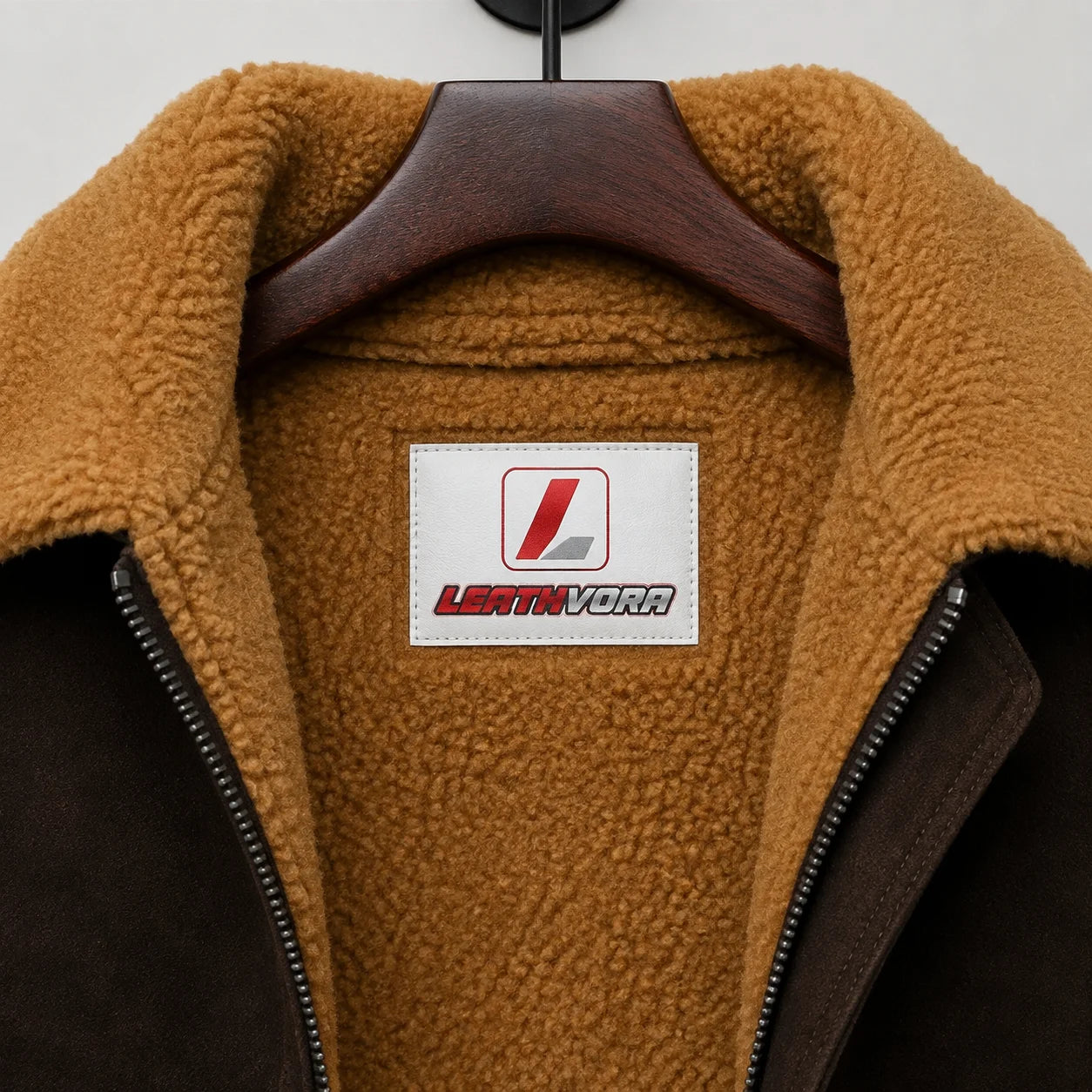 Close-up of tan shearling collar and lining with dark brown outer, zipper teeth and Leathvora neck branding