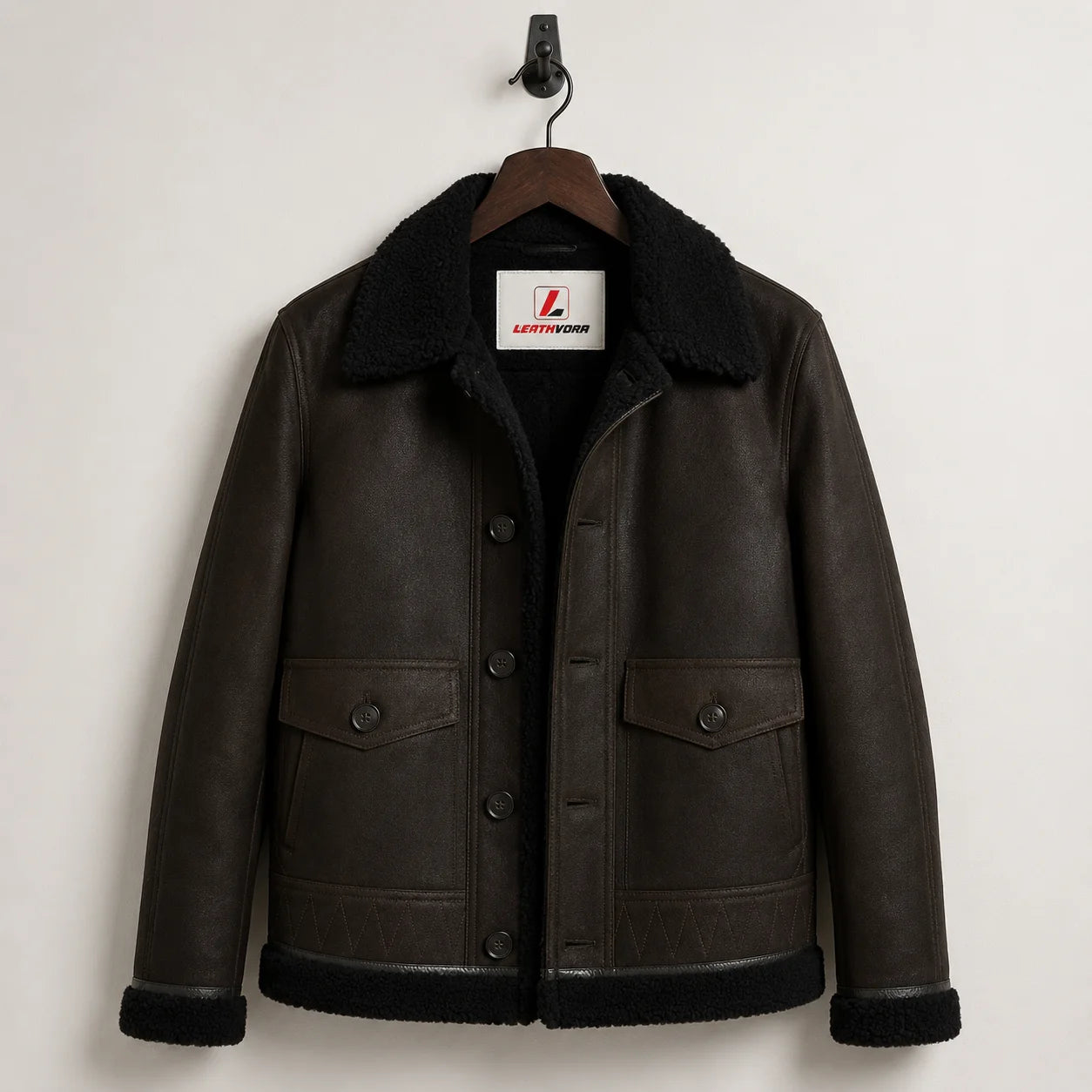 Hanging front view of dark green aviator jacket with black plush lining, flap pockets and Leathvora neck label