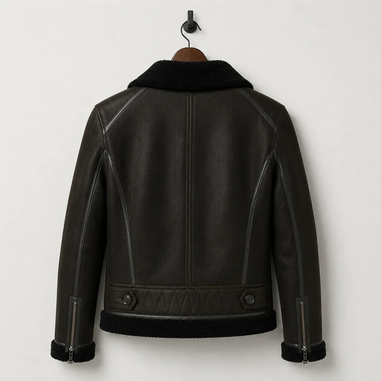 Hanging rear view of dark green flight jacket showing black collar, cuff zips, waist tabs and structured back seams