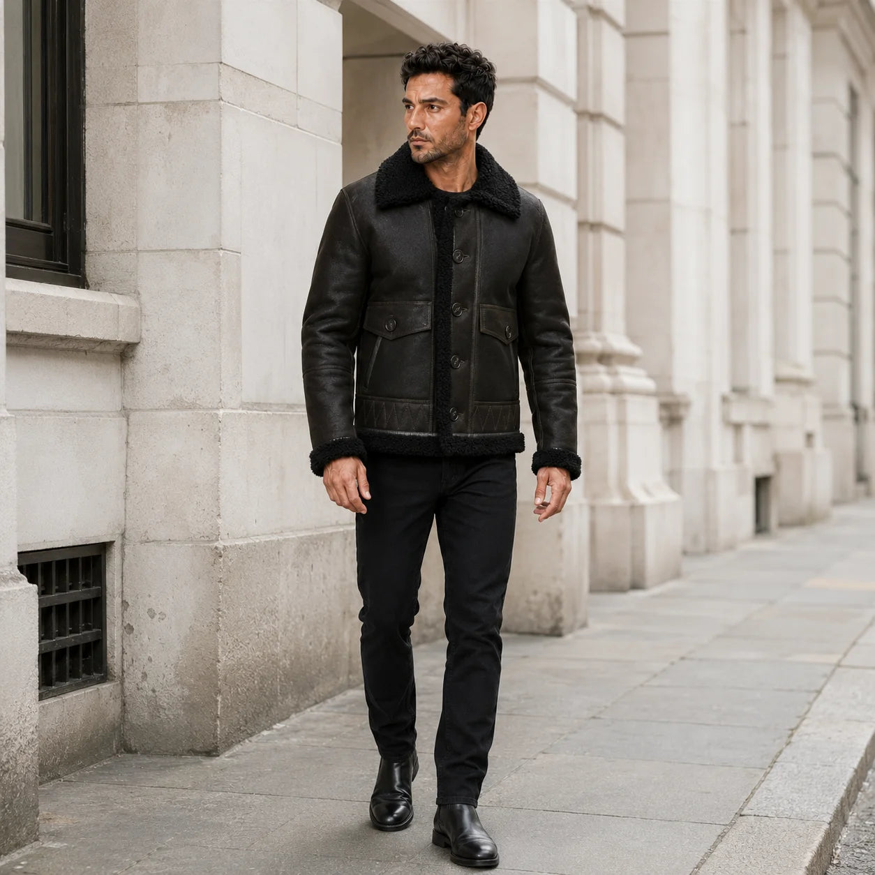 Outdoor lifestyle view of men’s dark green aviator jacket styled with black jeans and black leather boots