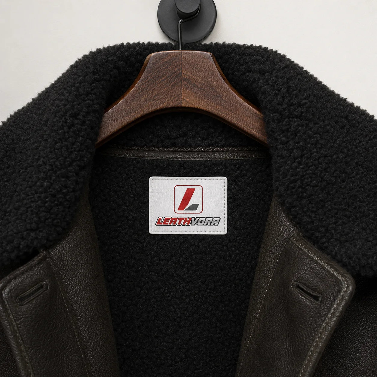 Close-up of black plush collar and lining on dark green aviator jacket with stitched Leathvora neck branding