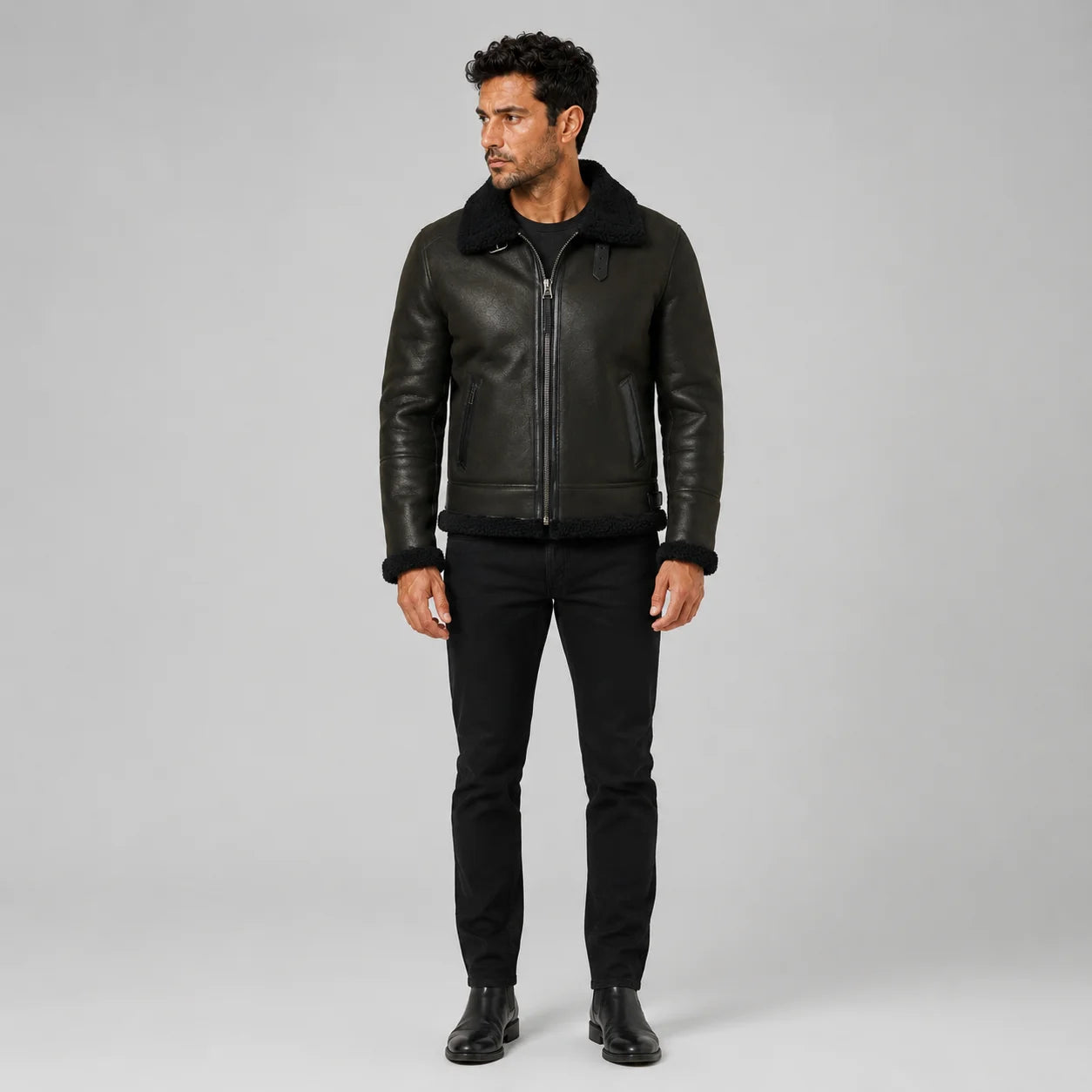 Front studio view of men’s dark green aviator jacket with black plush collar, cuffs, hem and angled side pockets