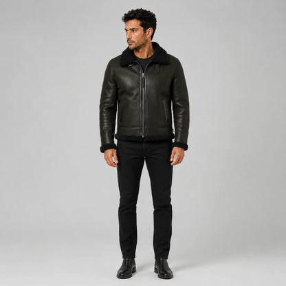 Front studio view of men’s dark green aviator jacket with black plush collar, cuffs, hem and angled side pockets