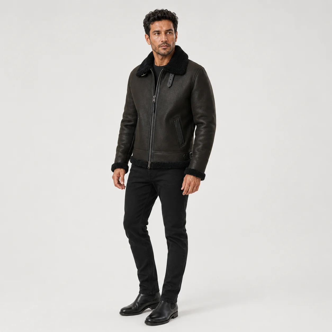 Three-quarter model view of olive green aviator jacket highlighting black collar, zip front and angled hand pocket