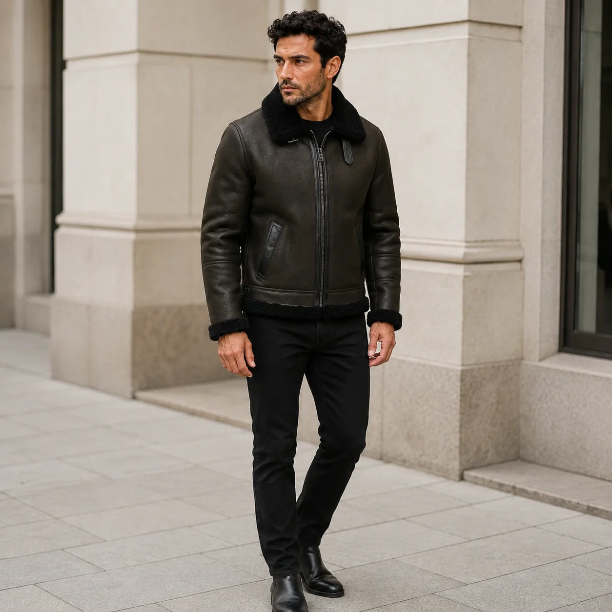 Outdoor lifestyle view of men’s dark green aviator jacket with black collar styled with black jeans and boots