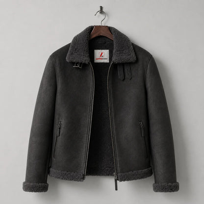 Hanging front view of charcoal aviator jacket with dark plush lining, buckle collar and two zipped hand pockets