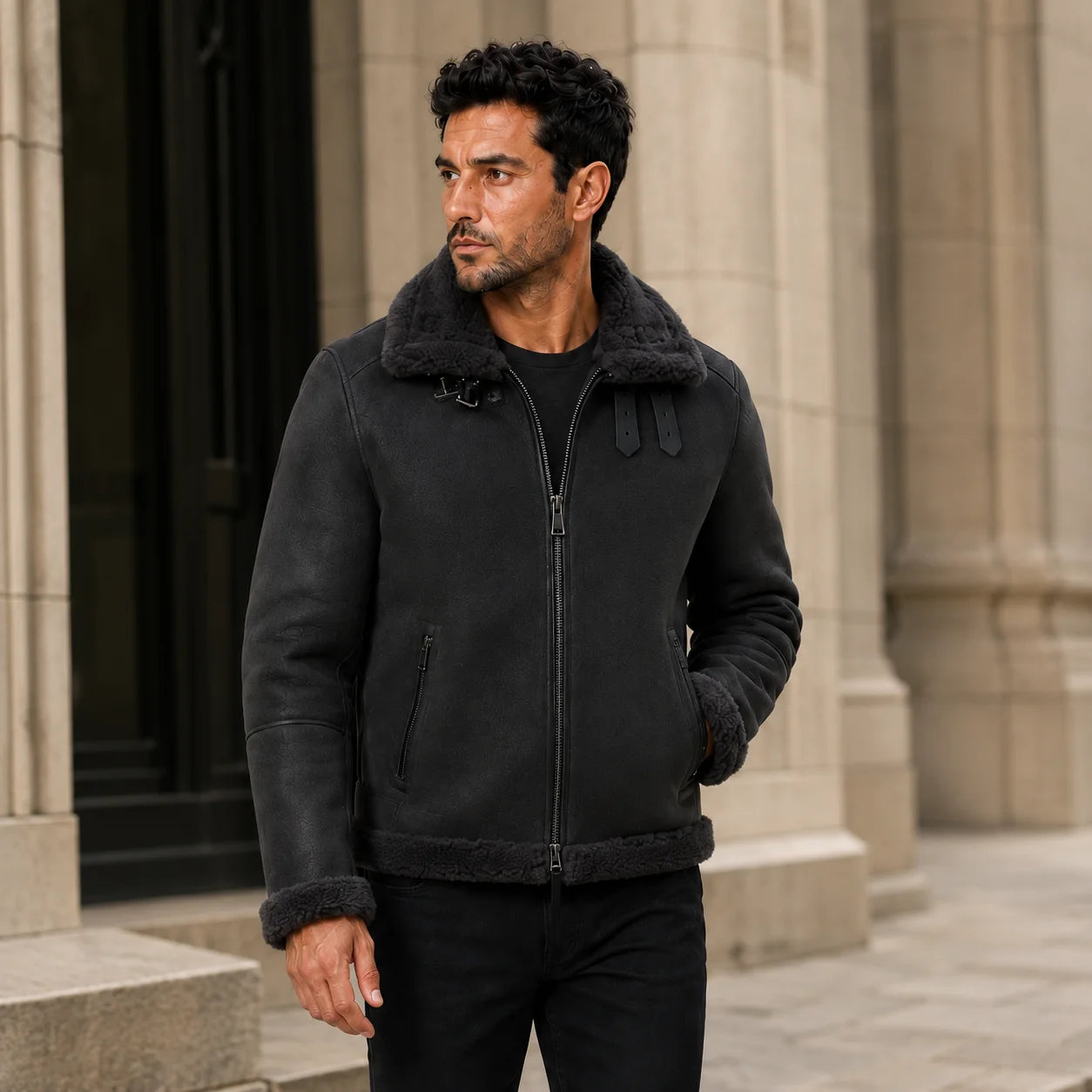Man wearing charcoal grey aviator jacket with tonal plush collar and black trousers beside stone architecture