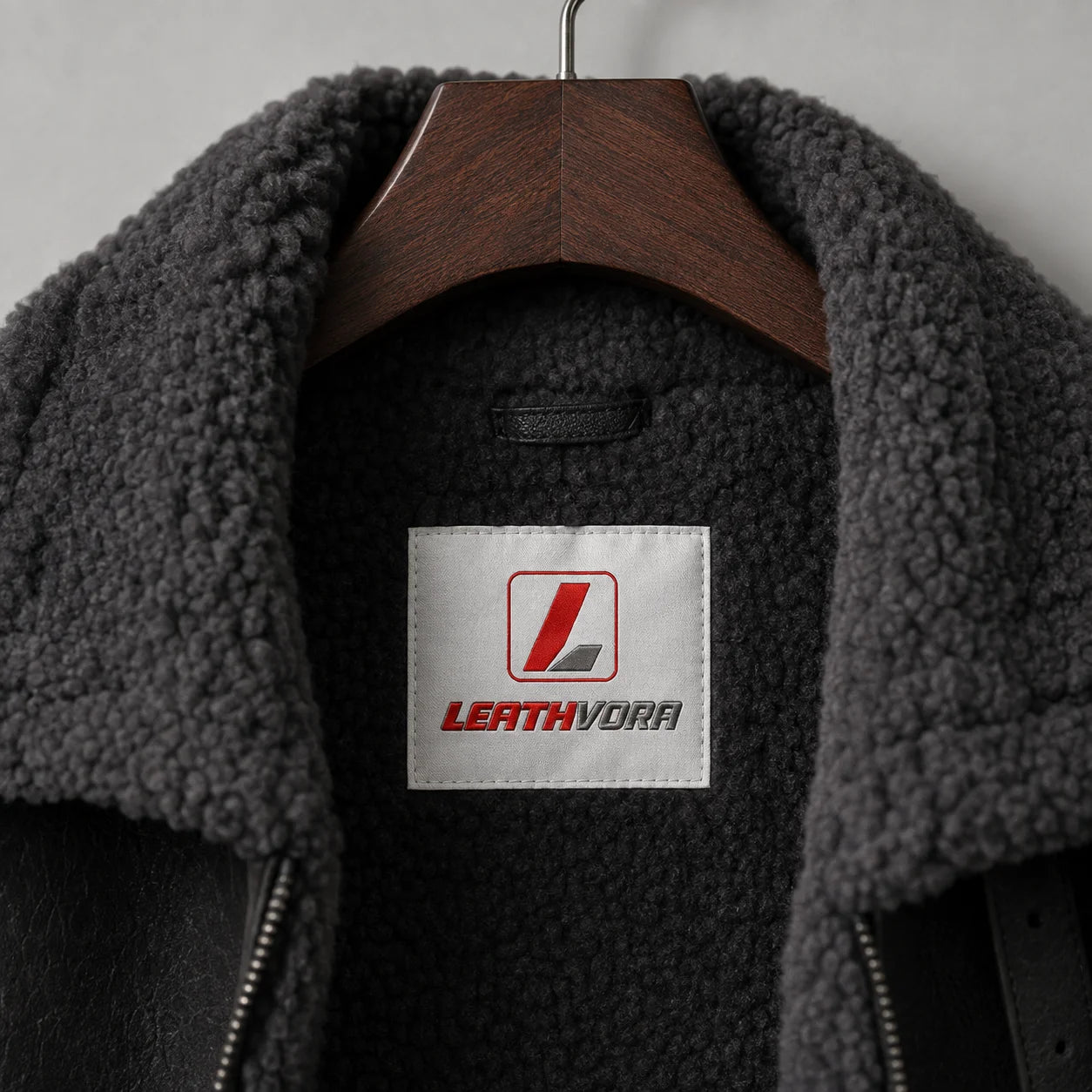 Close-up of dark plush aviator collar and lining with charcoal textured exterior and Leathvora neck patch
