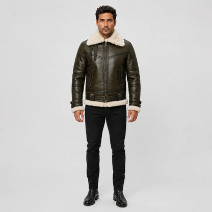 Front studio view of men’s dark olive aviator jacket with cream shearling collar, cuffs, zip pockets and buckle waist