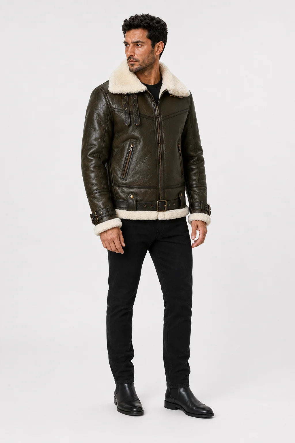 Three-quarter model view of dark olive shearling flight jacket with cream collar, zipped pockets and buckle detailing
