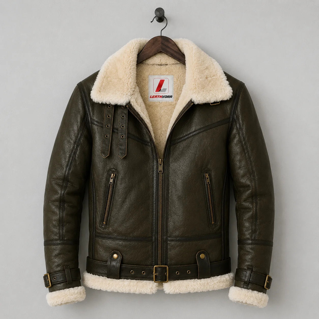 Front hanging view of dark olive aviator jacket showing cream shearling lining, zip pockets and adjustable buckle straps