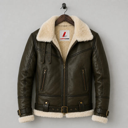 Front hanging view of dark olive aviator jacket showing cream shearling lining, zip pockets and adjustable buckle straps