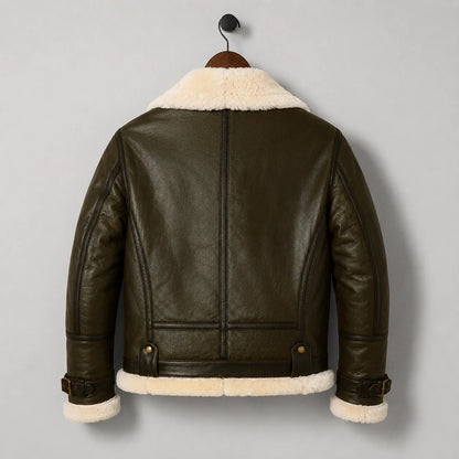 Back hanging view of men’s dark olive shearling jacket with central seam, shaped rear panels and cream collar trim