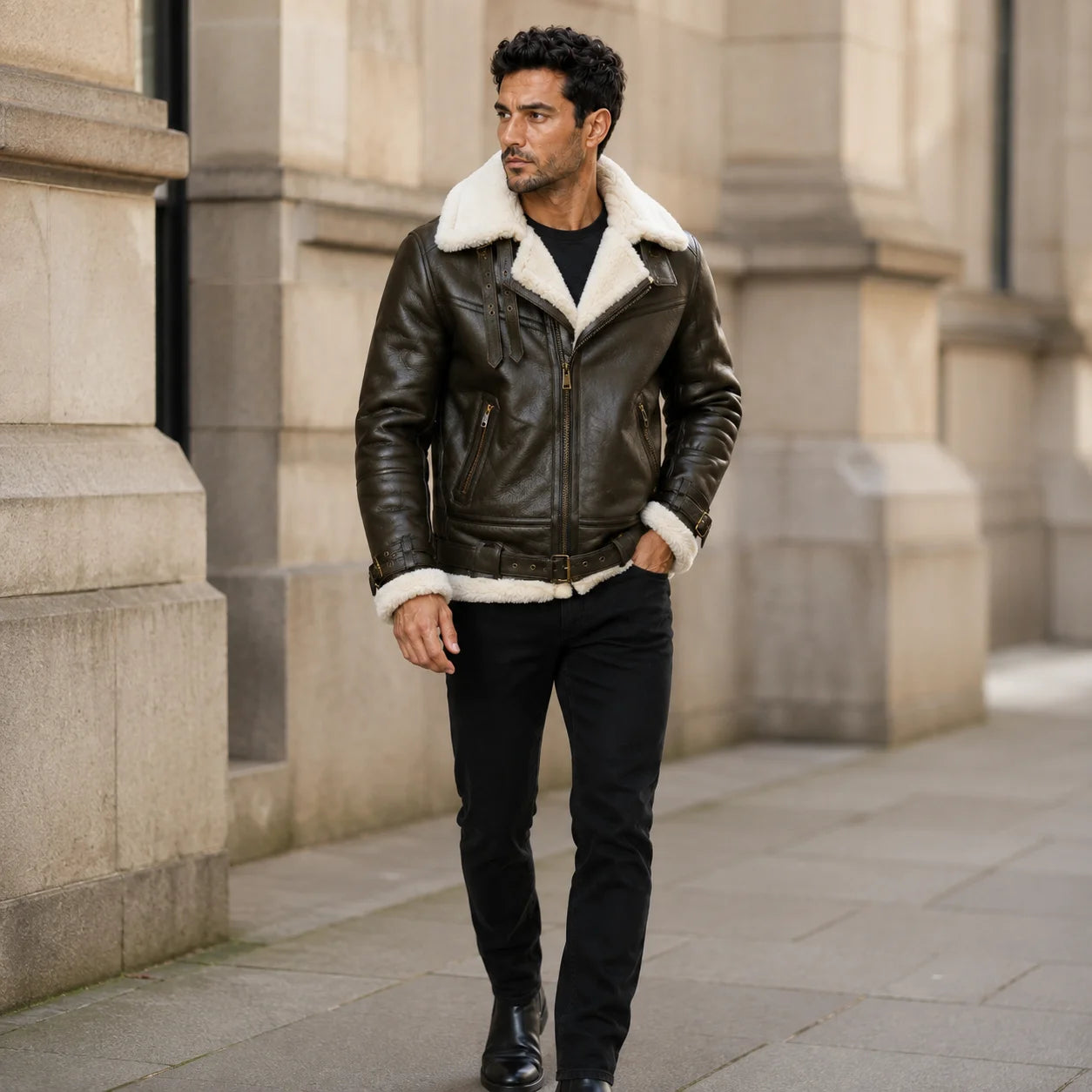 Lifestyle view of man wearing dark olive shearling aviator jacket with cream collar and black trousers outdoors