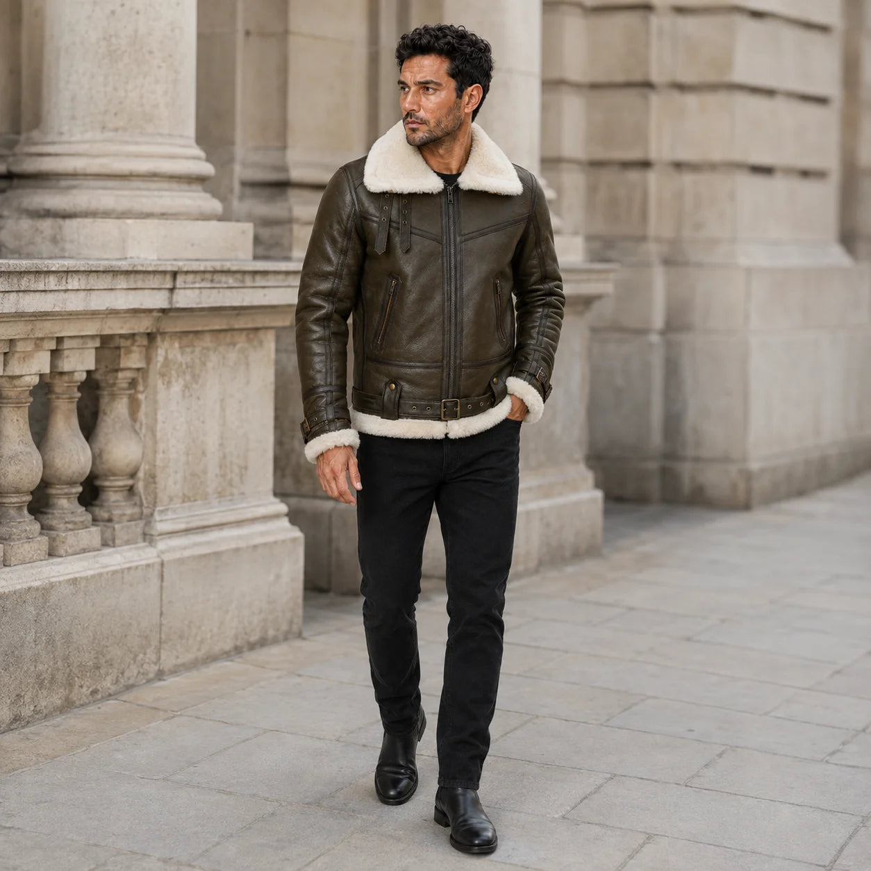 Walking lifestyle view of men’s olive leather flight jacket with cream shearling trim, buckle waist and zipped pockets