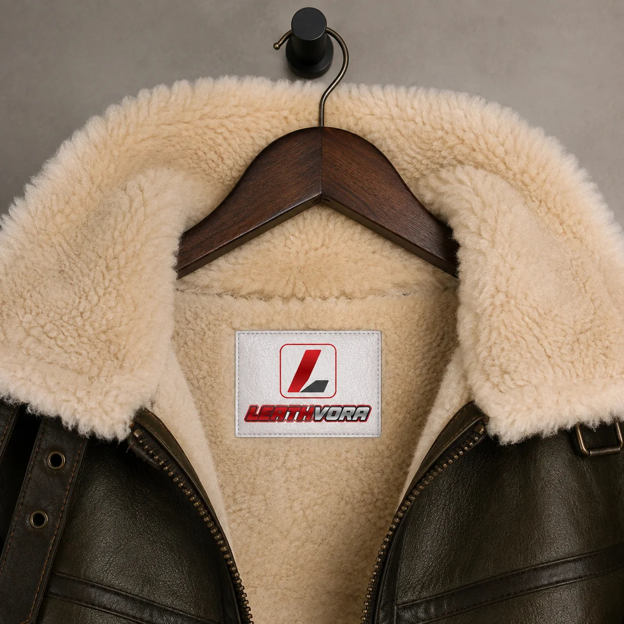 Close-up of cream shearling collar and lining with Leathvora neck label on dark olive aviator leather jacket
