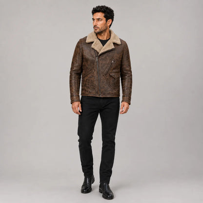 Men’s distressed brown biker jacket front view with tan plush collar, asymmetrical zip and multiple utility pockets