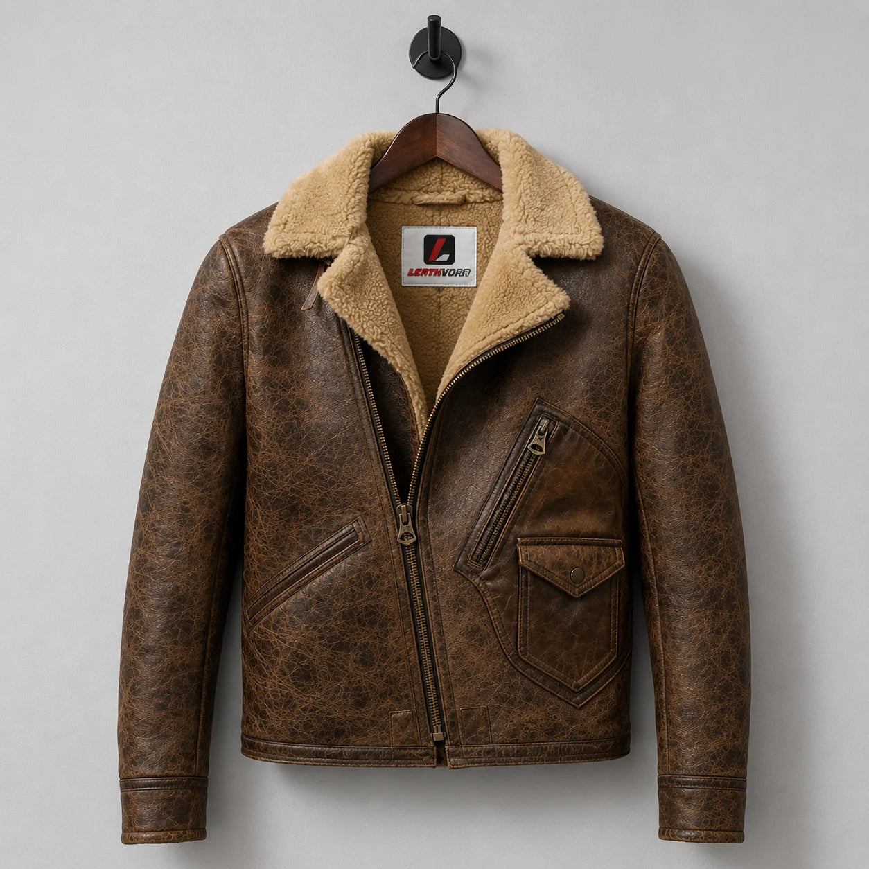 Hanging front view of distressed brown biker jacket with asymmetric closure, zip pockets, flap pocket and tan lining
