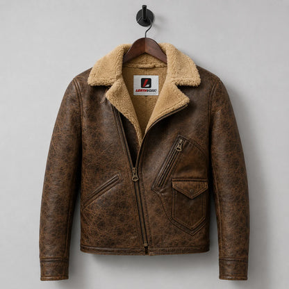 Hanging front view of distressed brown biker jacket with asymmetric closure, zip pockets, flap pocket and tan lining