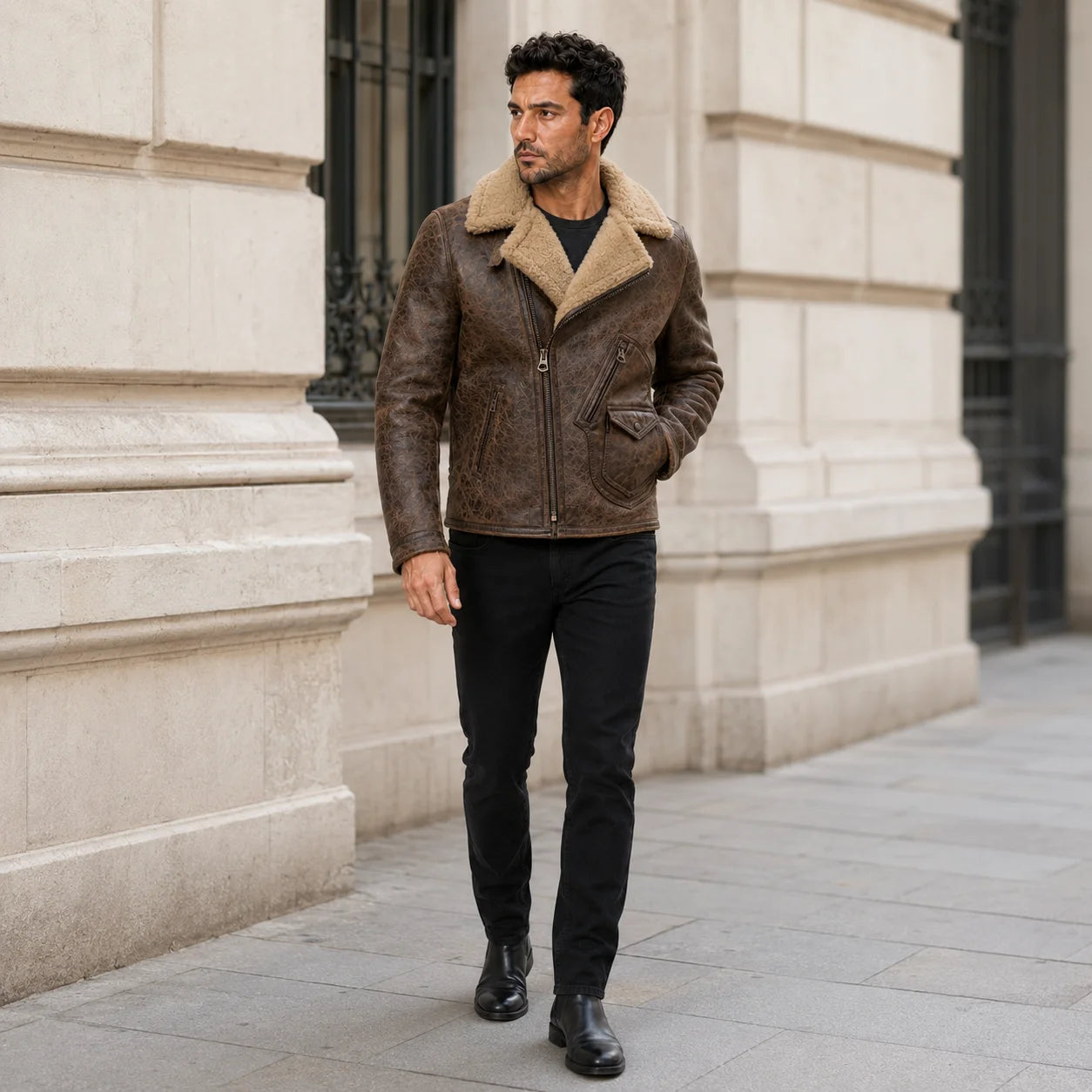Men wearing distressed brown biker jacket outdoors with black jeans and boots in a premium city setting