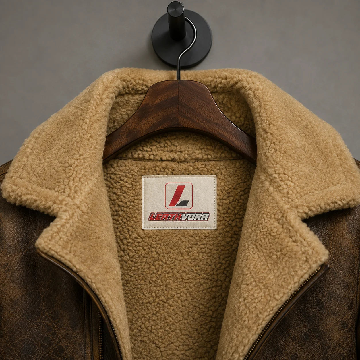 Close-up of tan plush collar and interior lining on distressed brown biker jacket with Leathvora neck branding