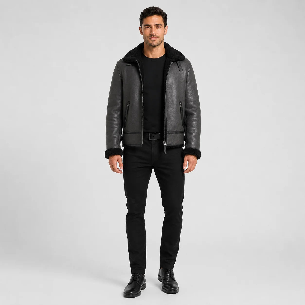 Front studio view of men’s grey aviator jacket with black plush collar, centre zip and vertical zipped pockets