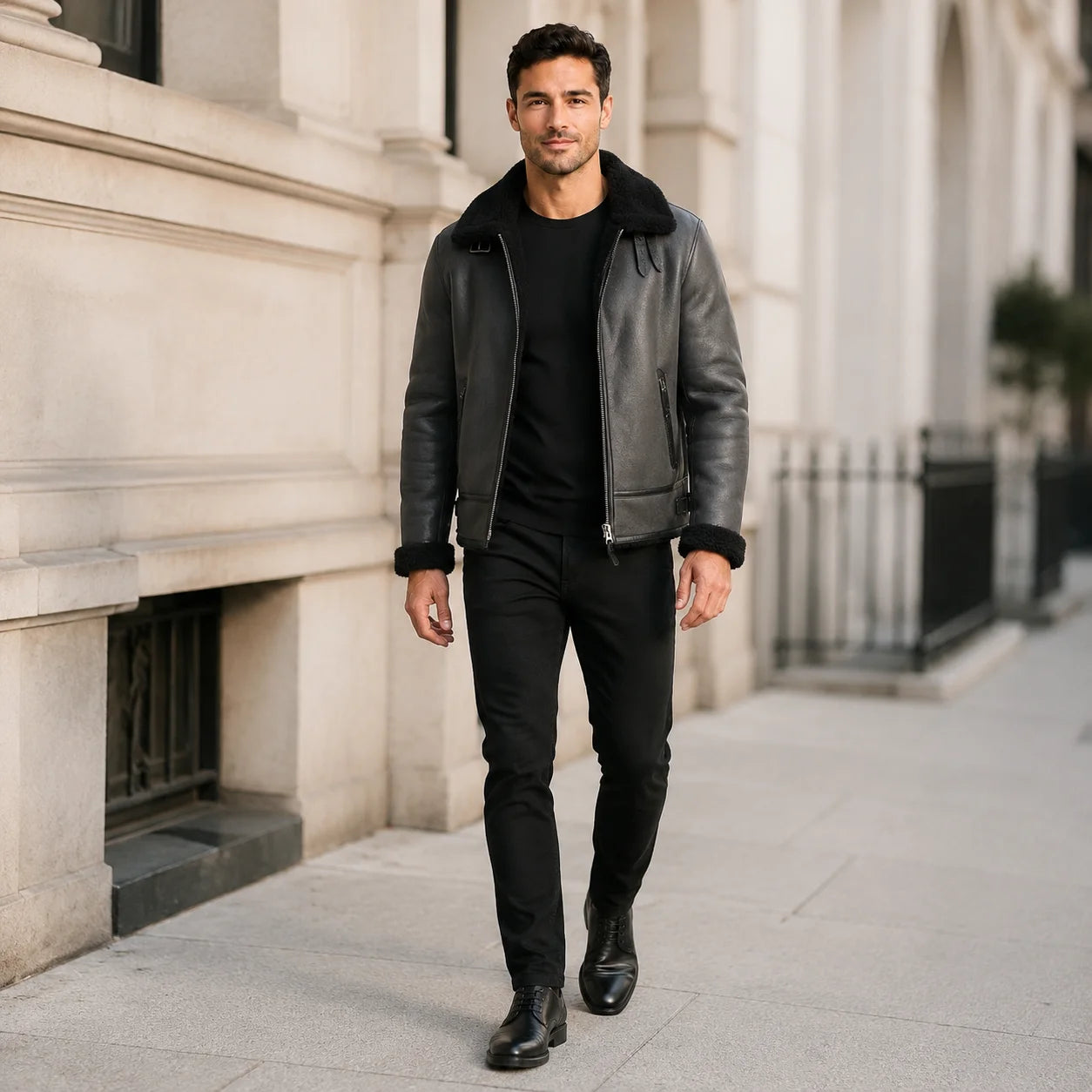 Man wearing charcoal grey aviator jacket with black collar and cuffs while walking beside light stone architecture