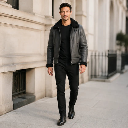 Man wearing charcoal grey aviator jacket with black collar and cuffs while walking beside light stone architecture