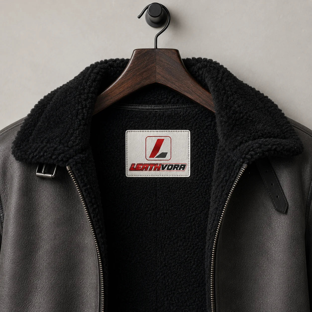 Close-up of black plush aviator collar and lining, charcoal textured exterior and Leathvora inner branding patch