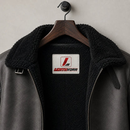 Close-up of black plush aviator collar and lining, charcoal textured exterior and Leathvora inner branding patch