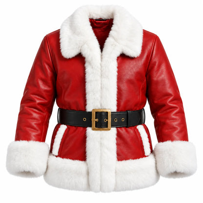 Front studio view of men's red cowhide Santa jacket with white faux-fur collar, black buckle belt and fluffy cuffs and hem.