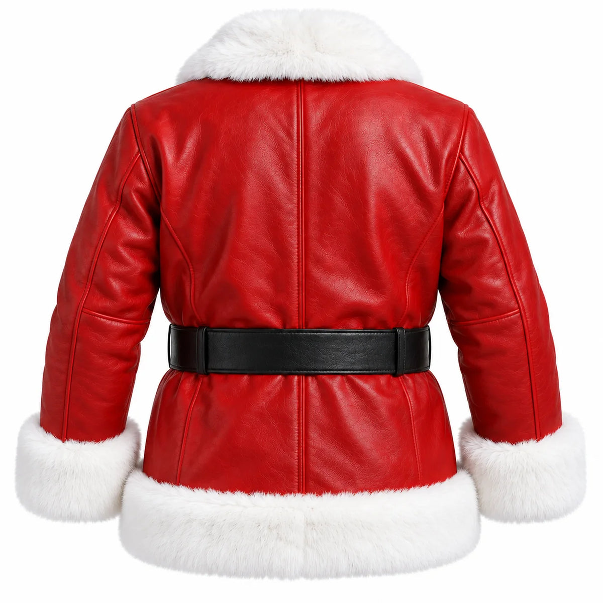Rear view of red Santa Claus leather jacket showing black waist belt, contoured back stitching and thick white faux-fur trim.