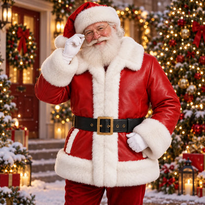 Santa wearing red belted leather Christmas jacket with white faux-fur trim outside a warmly lit festive house.