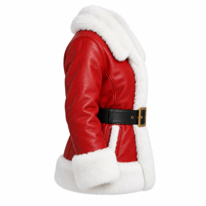 Side profile of men's red leather Santa coat with textured finish, white fur collar, belt buckle and fur-edged side pocket.