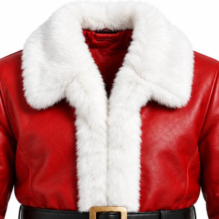 Close-up of red textured Santa jacket highlighting oversized white faux-fur collar, wide black belt and gold-tone buckle.