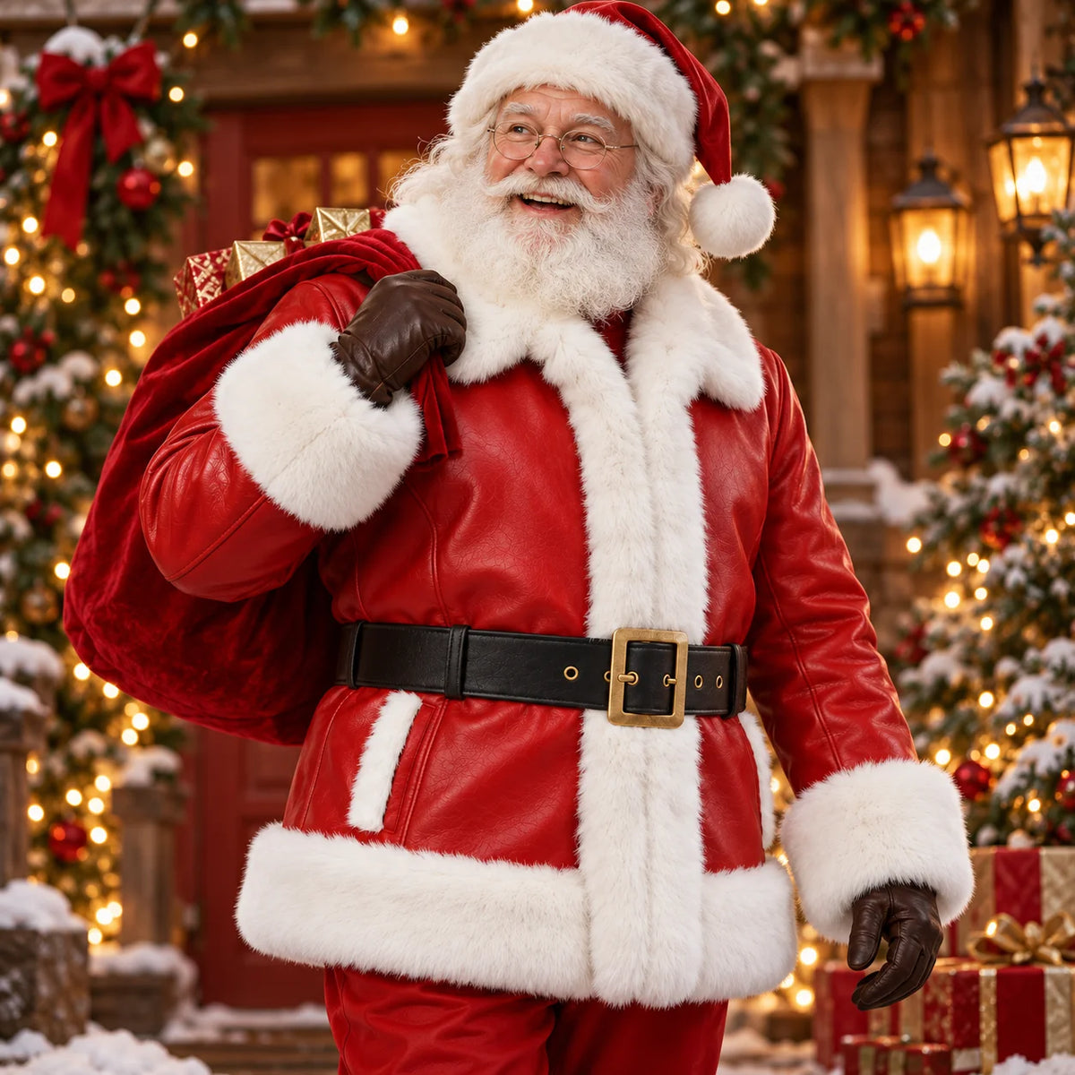 Santa carrying a red gift sack in a red cowhide-style jacket with black buckle belt and plush white faux-fur edging.