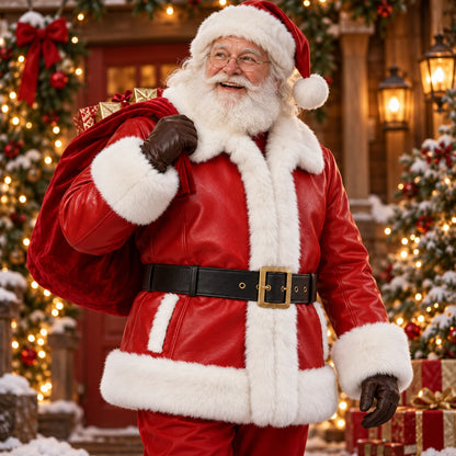 Santa carrying a red gift sack in a red cowhide-style jacket with black buckle belt and plush white faux-fur edging.