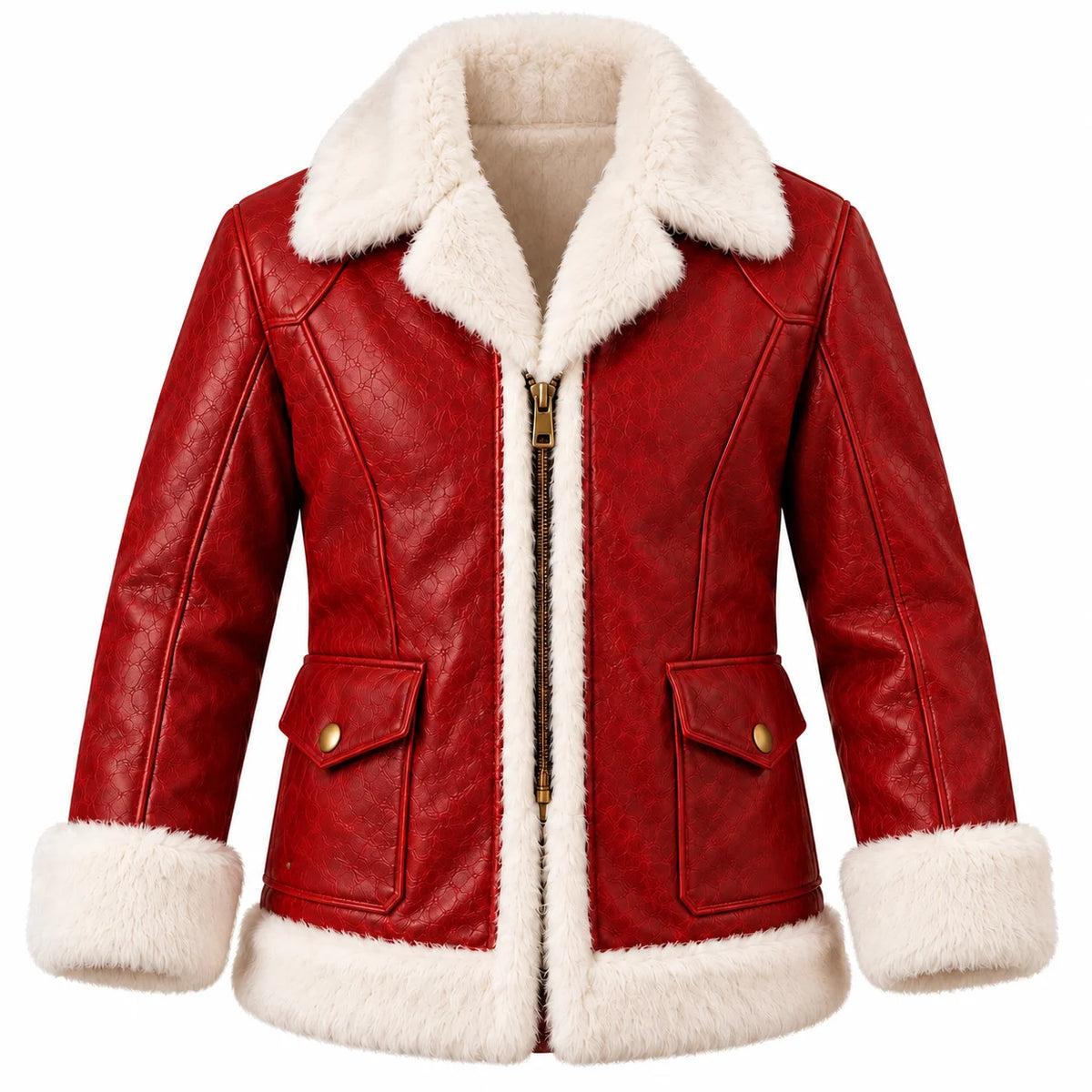 Straight front view of red textured leather Santa jacket for men with white faux-fur collar, gold-tone zip and two flap pockets.