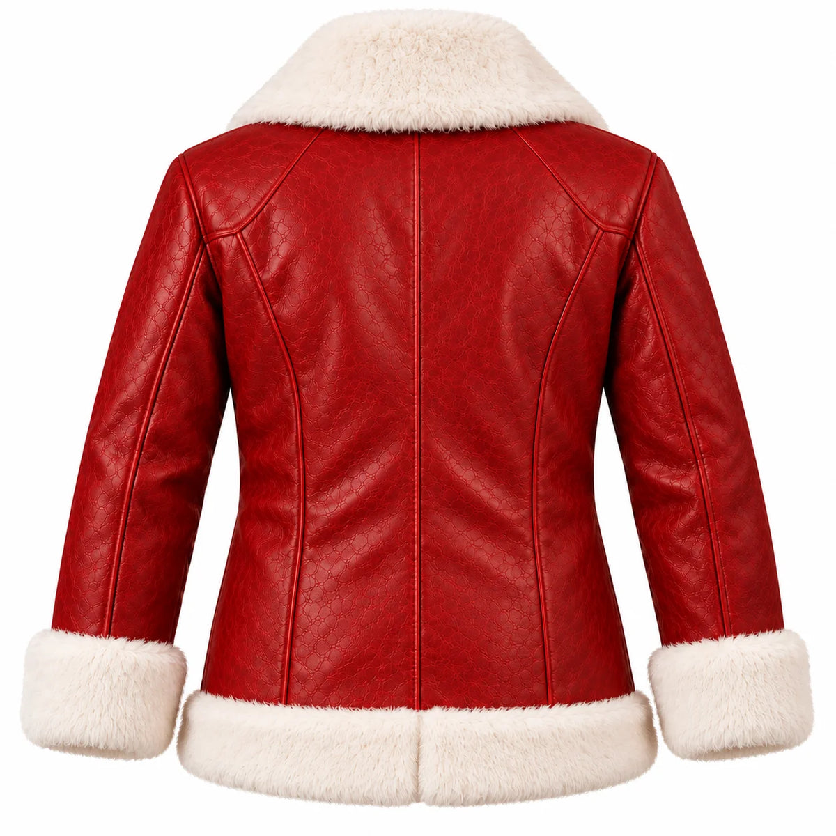 Back view of men's red Santa Claus leather jacket with contoured stitching, white faux-fur collar, cuffs and hem.
