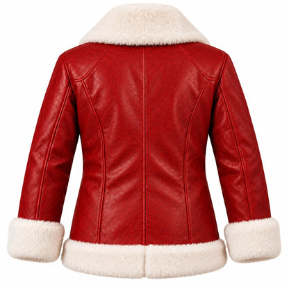 Back view of men's red Santa Claus leather jacket with contoured stitching, white faux-fur collar, cuffs and hem.