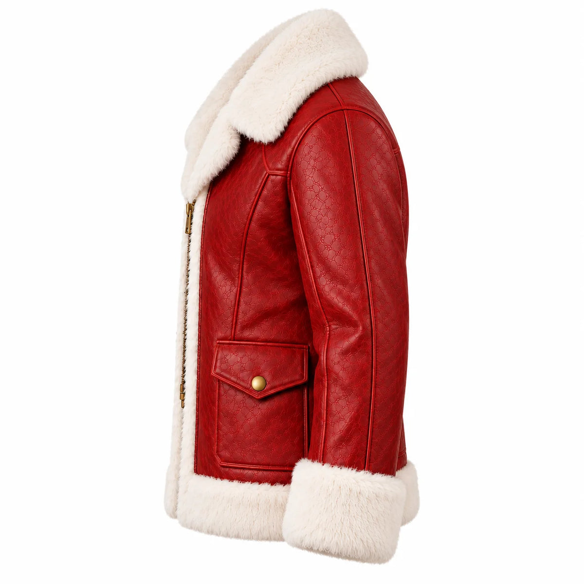 Side profile of red Christmas leather jacket showing white plush fur trim, shaped side seams and snap-flap pocket.