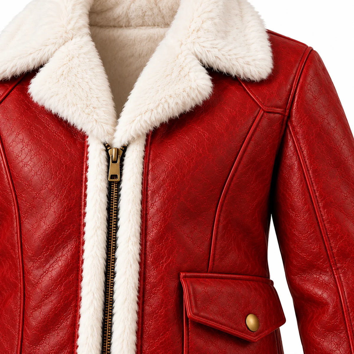Close-up of Santa jacket's textured red leather-look surface, centre zipper, plush white faux-fur collar and flap pocket.