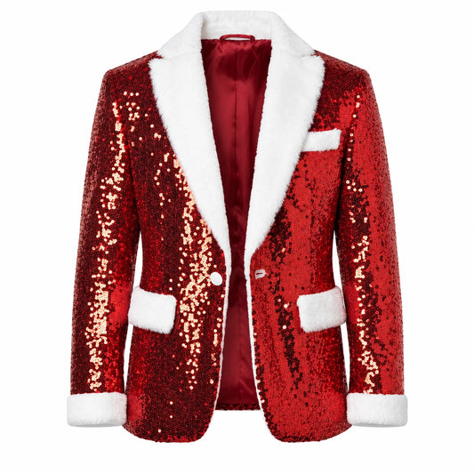 Front view of men's red sequin Christmas blazer with white faux-fur lapels, cuffs, pocket flaps and single-button closure.